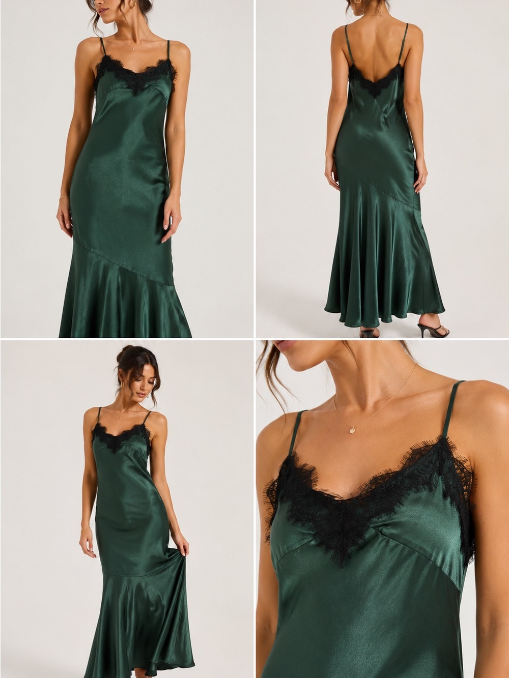 YAS Lace-Trim Satin Slip Dress - Emerald Green